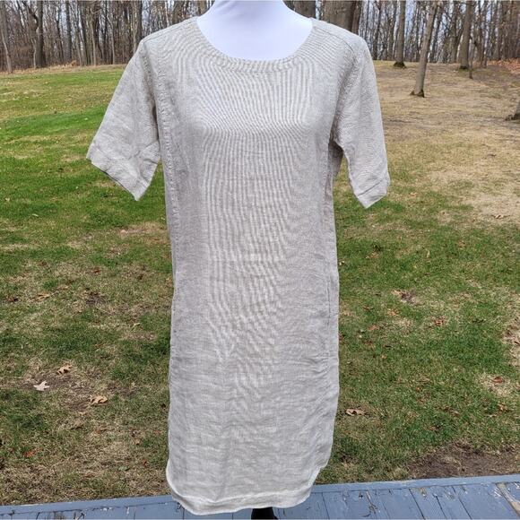 Eileen Fisher Organic Cotton Natural Silver Twinkle Shift Dress Released Hem Sm - Picture 1 of 16